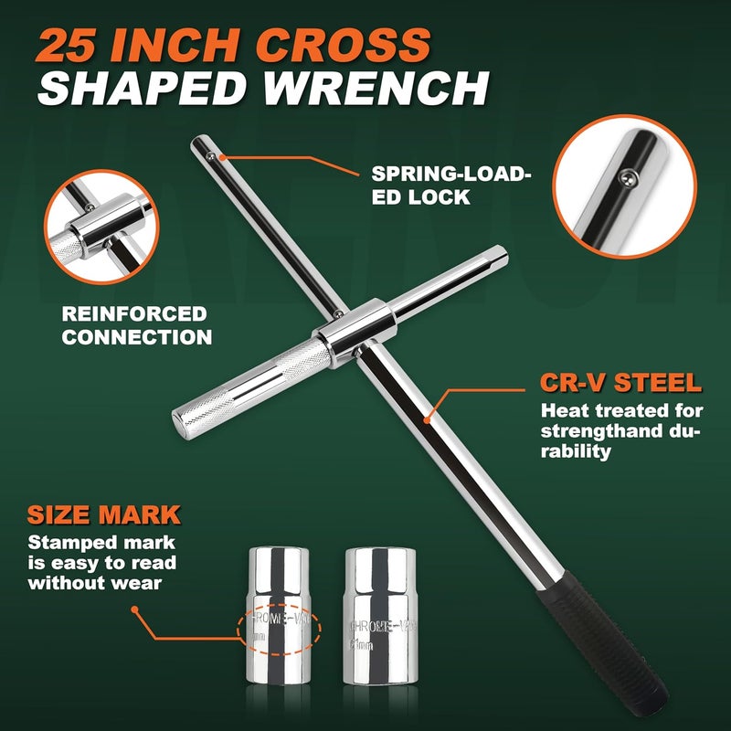VONLX 25'' Heavy Duty Extended Lug Wrench with Blow Storage Case, 4 Way Tire Iron Nut Wrench Set, Lug Nut Remover 1/2 Drive with Standard Sockets (17mm, 19mm and 21mm,23mm), Labor Saving Cross Wrench - Image 4